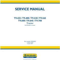 New Holland T9.435, T9.480, T9.530, T9.565, T9.600, T9.645, T9.700 Tractor Service Manual (Europe)